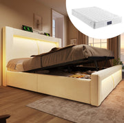 Letto contenitore 140x200 cm in velluto beige con LED, USB e materasso incluso