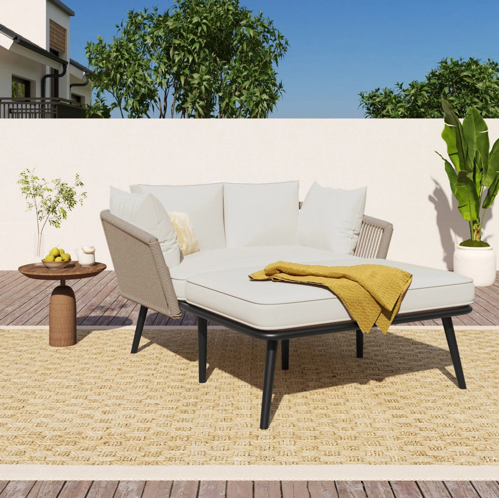 Divano da giardino con 2 cuscini e struttura in acciaio, tessuto beige e corda kaki, per esterni, balcone e terrazza
