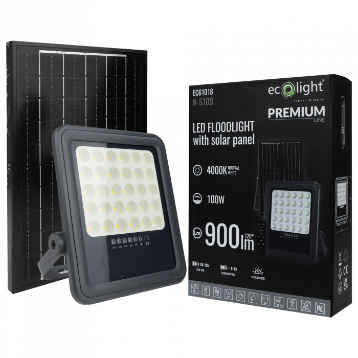 Faro LED solare 100W 4000K telecomando sensore IP65