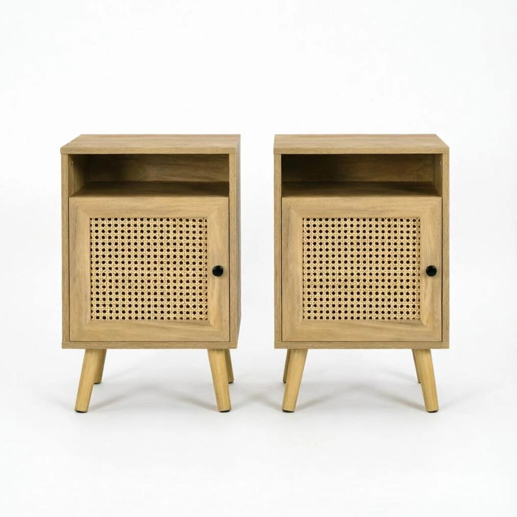 Set di 2 comodini 39x35x60 cm con anta in rattan in MDF e truciolare naturale