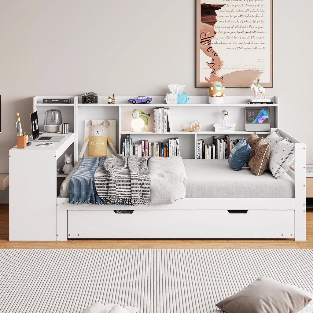 Letto con letto estraibile 90 × 200 cm con scrivania; librerie; vani portaoggetti; prese USB e rete a doghe bianco
