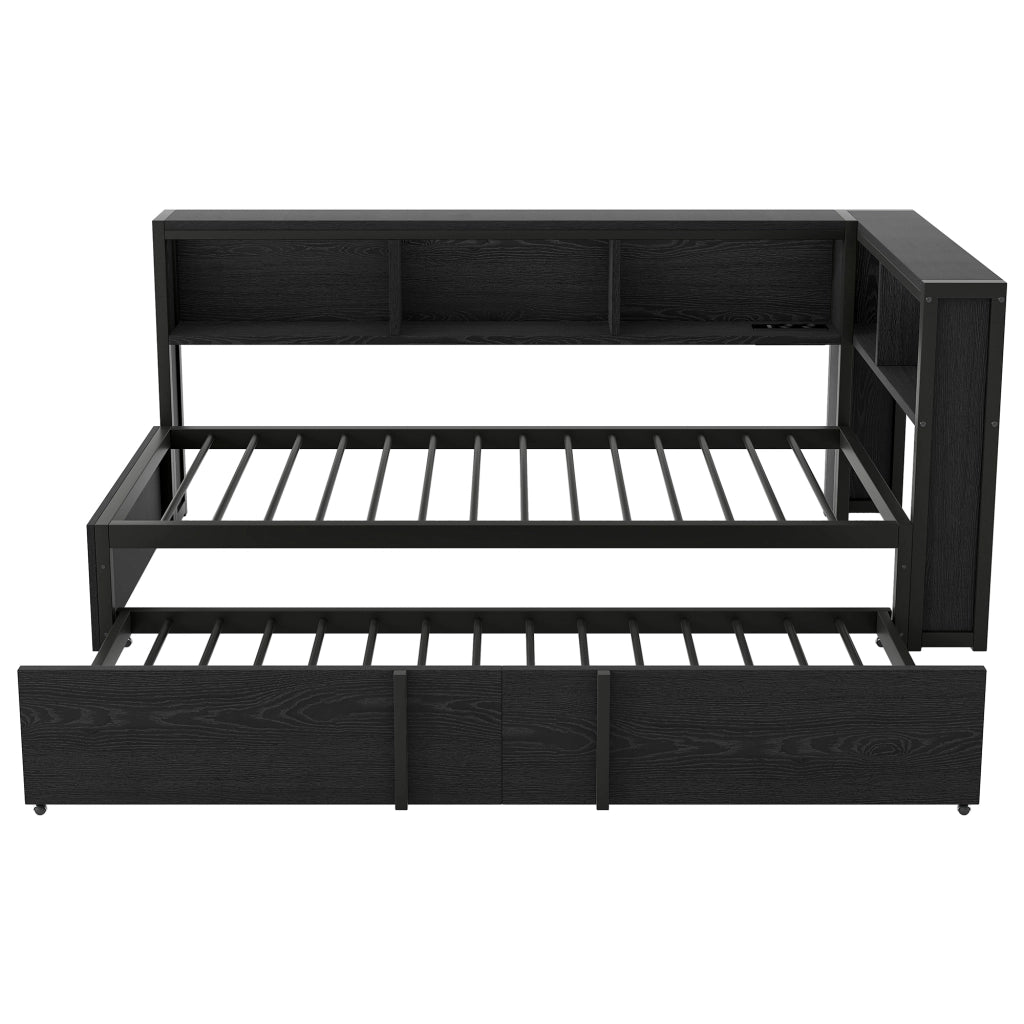 Letto divano singolo 90 × 200 cm con letto estraibile, 5 armadietti, LED regolabile e USB, senza materasso, nero