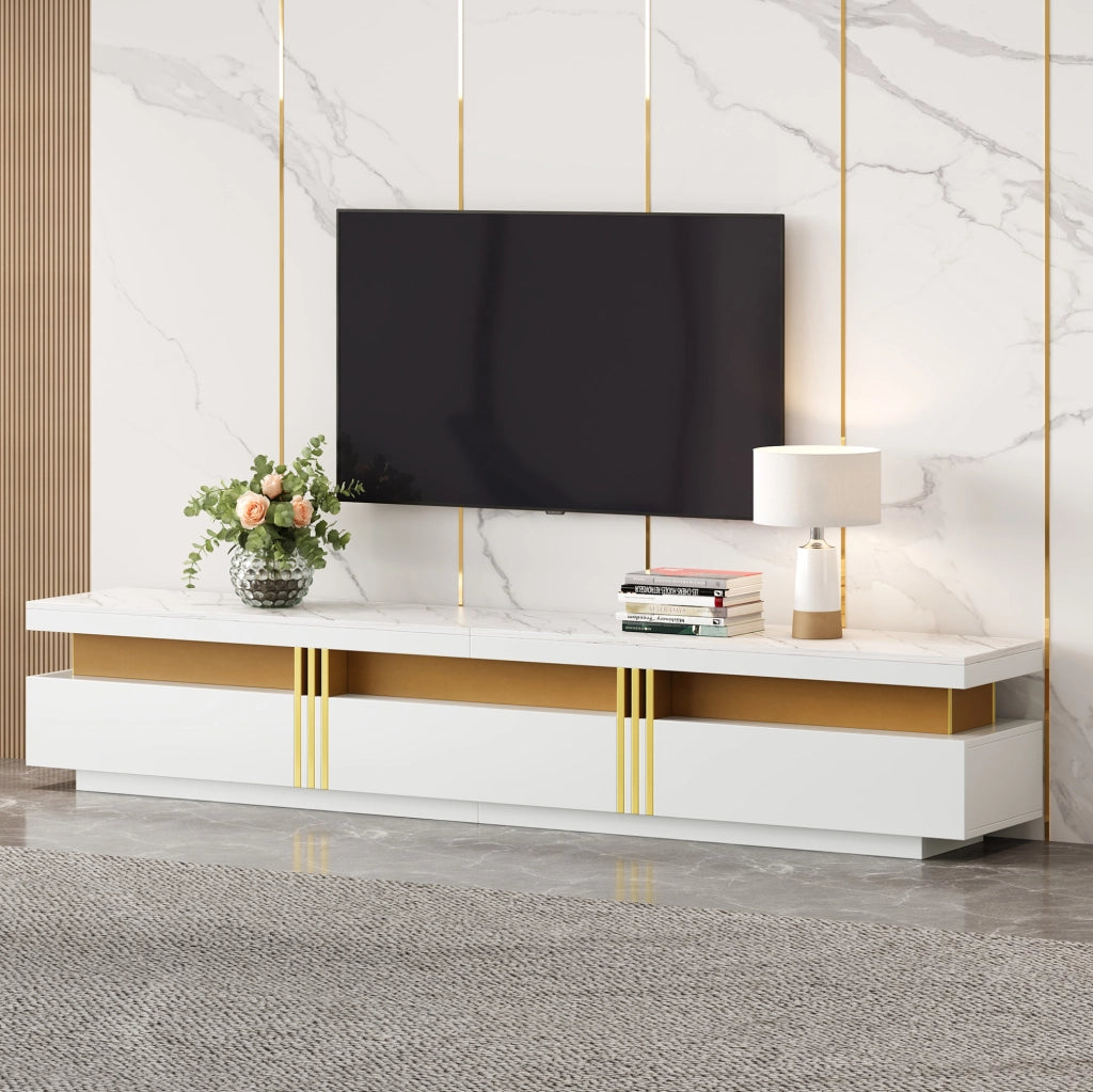 Mobile TV bianco 200 cm effetto marmo con 3 cassetti