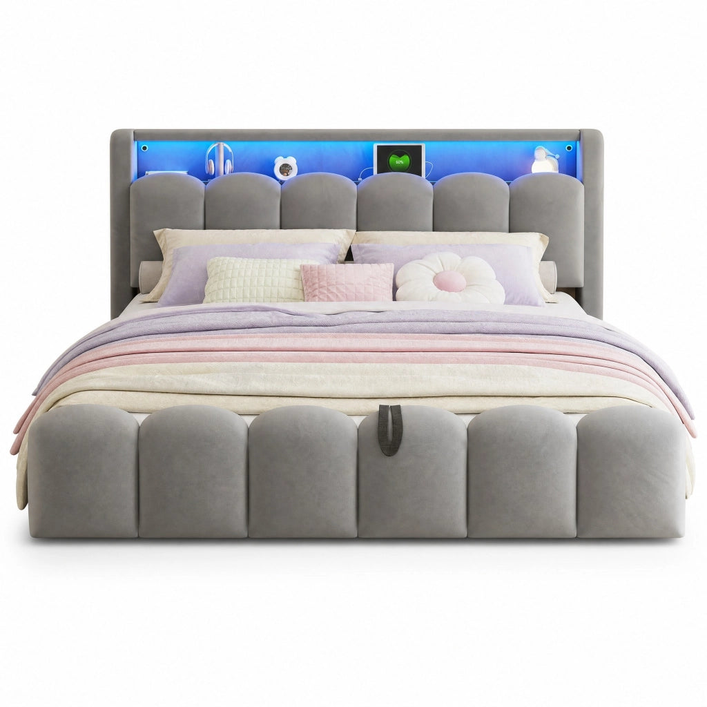 Letto matrimoniale con contenitore 180 × 200 cm imbottito in velluto con LED USB e Type-C grigio