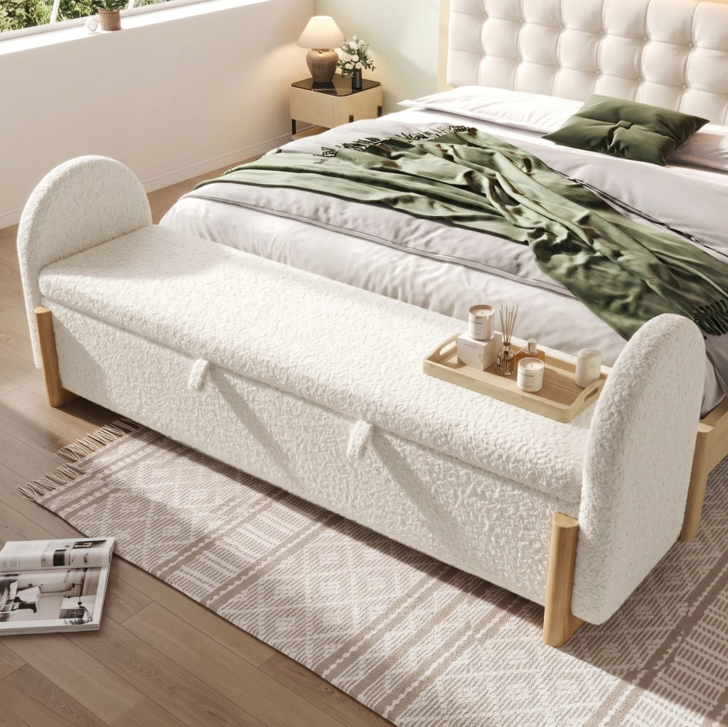 Panca contenitore bianca 186x47x61 cm con tessuto Chenille Bouclé e gambe in legno di gomma, raggio idraulico soft-close, carico max 150 kg