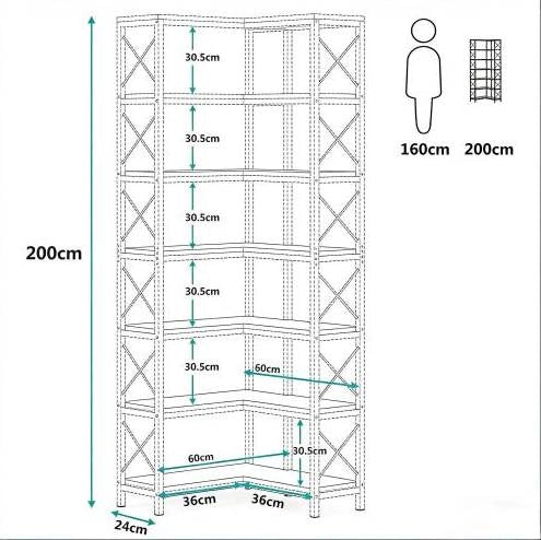 Scaffale angolare industriale a 7 livelli in metallo e legno