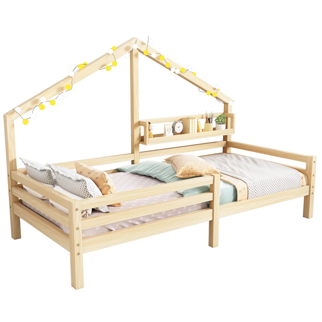 Letto a casetta 90 × 200 cm con libreria posteriore in legno di pino naturale e barriera anticaduta con 15 doghe