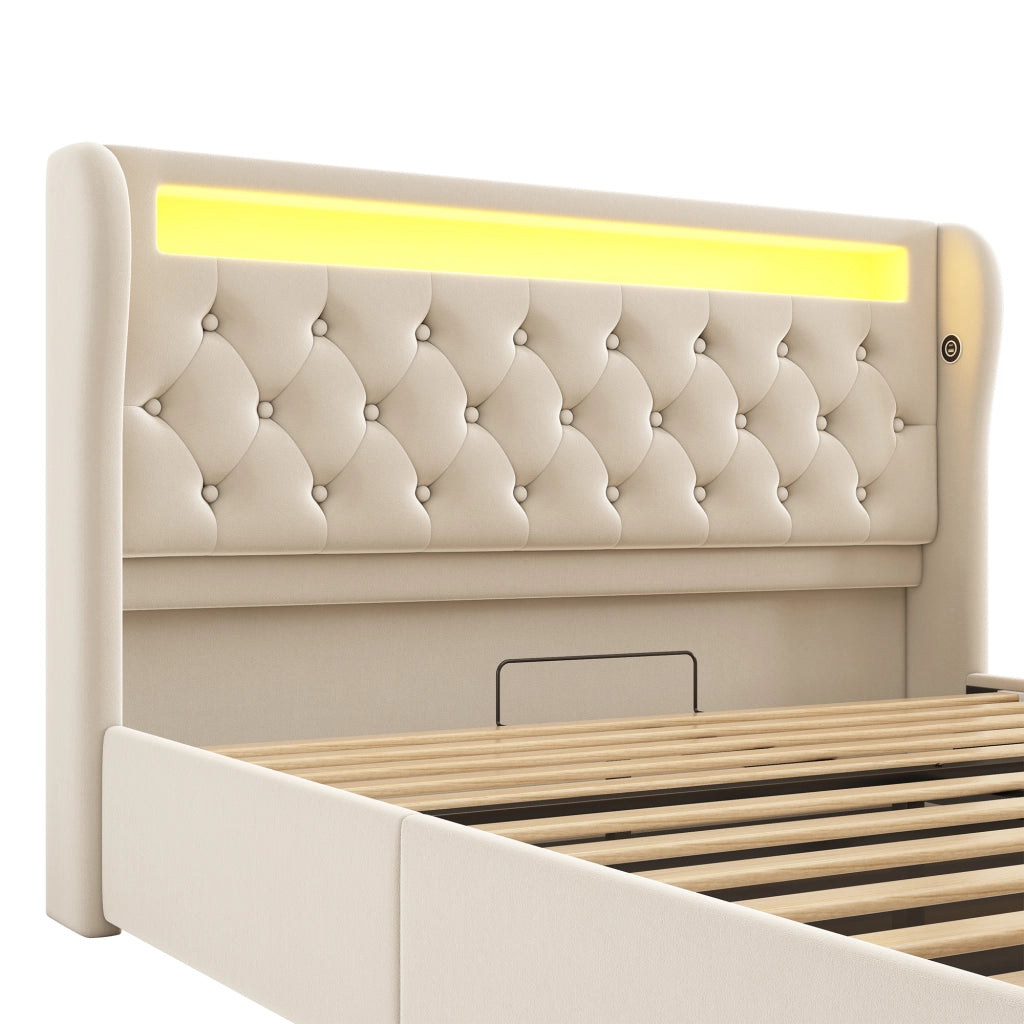 Letto matrimoniale 140×190 cm 2 posti con contenitore idraulico; LED; USB e porta tipo C; senza materasso; beige