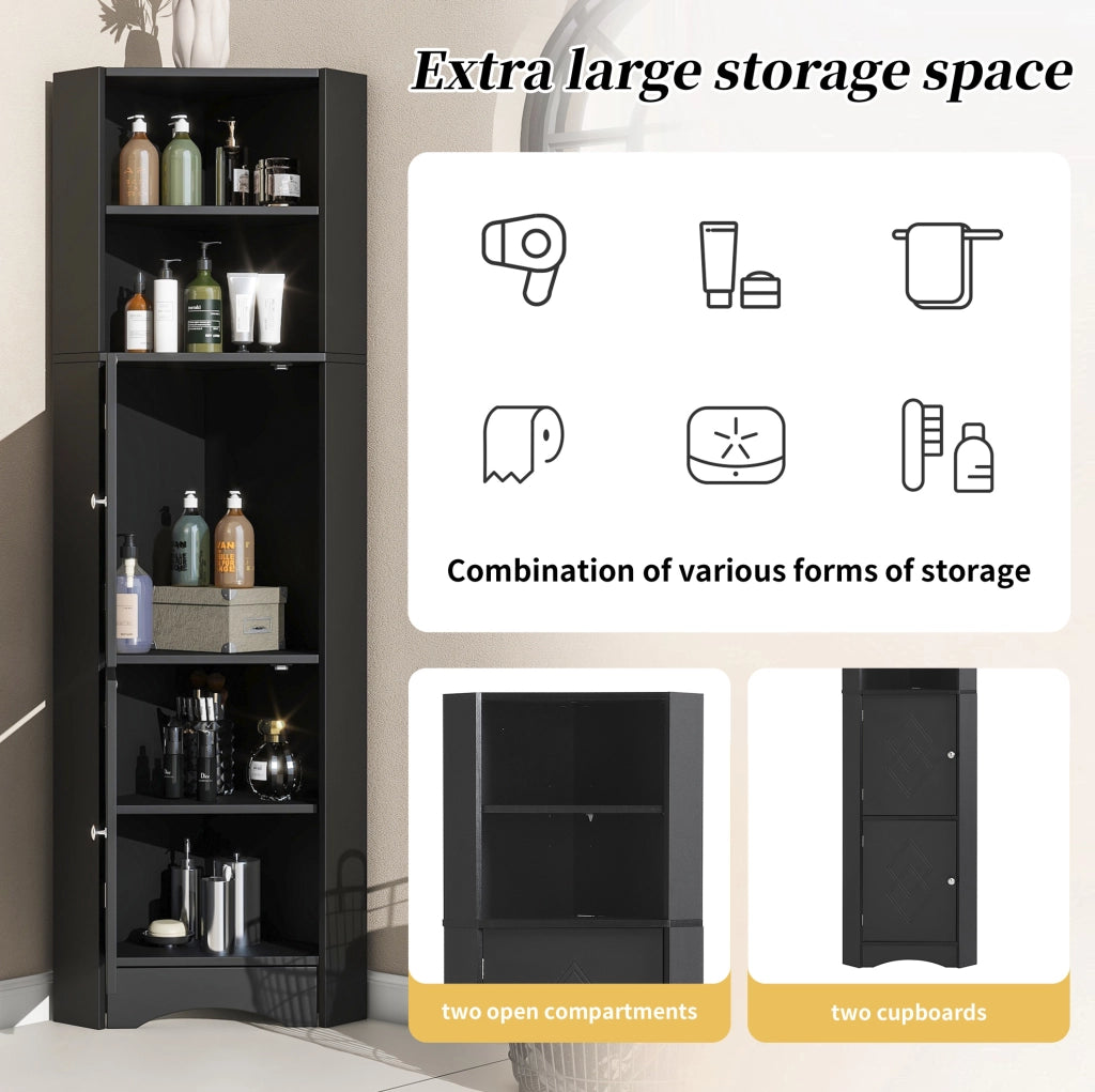 Armadio Angolare per Bagno con Due Ripiani e Mensola Regolabile, 36,5x36,5x155 cm, Nero
