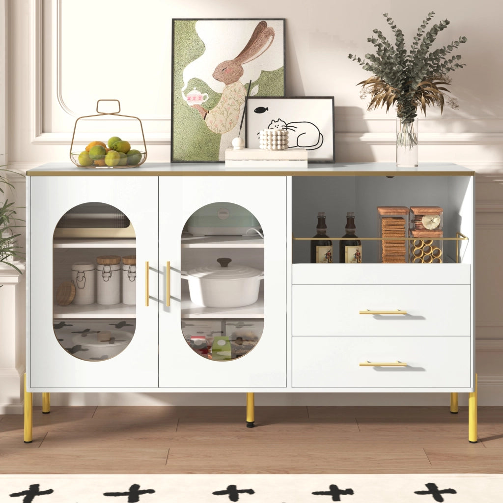 Credenza con 2 cassetti e 2 ante in vetro MDF bianca con dettagli dorati e passacavi per soggiorno 140 × 38 × 90 cm