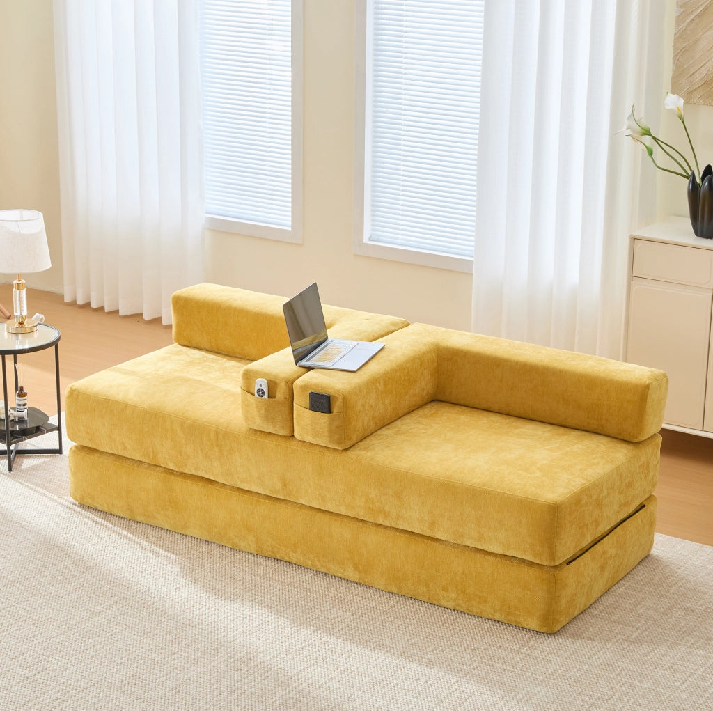 Modulo Divano in Chenille Morbido con Tasche Laterali e Base Antiscivolo 198x79x60 cm