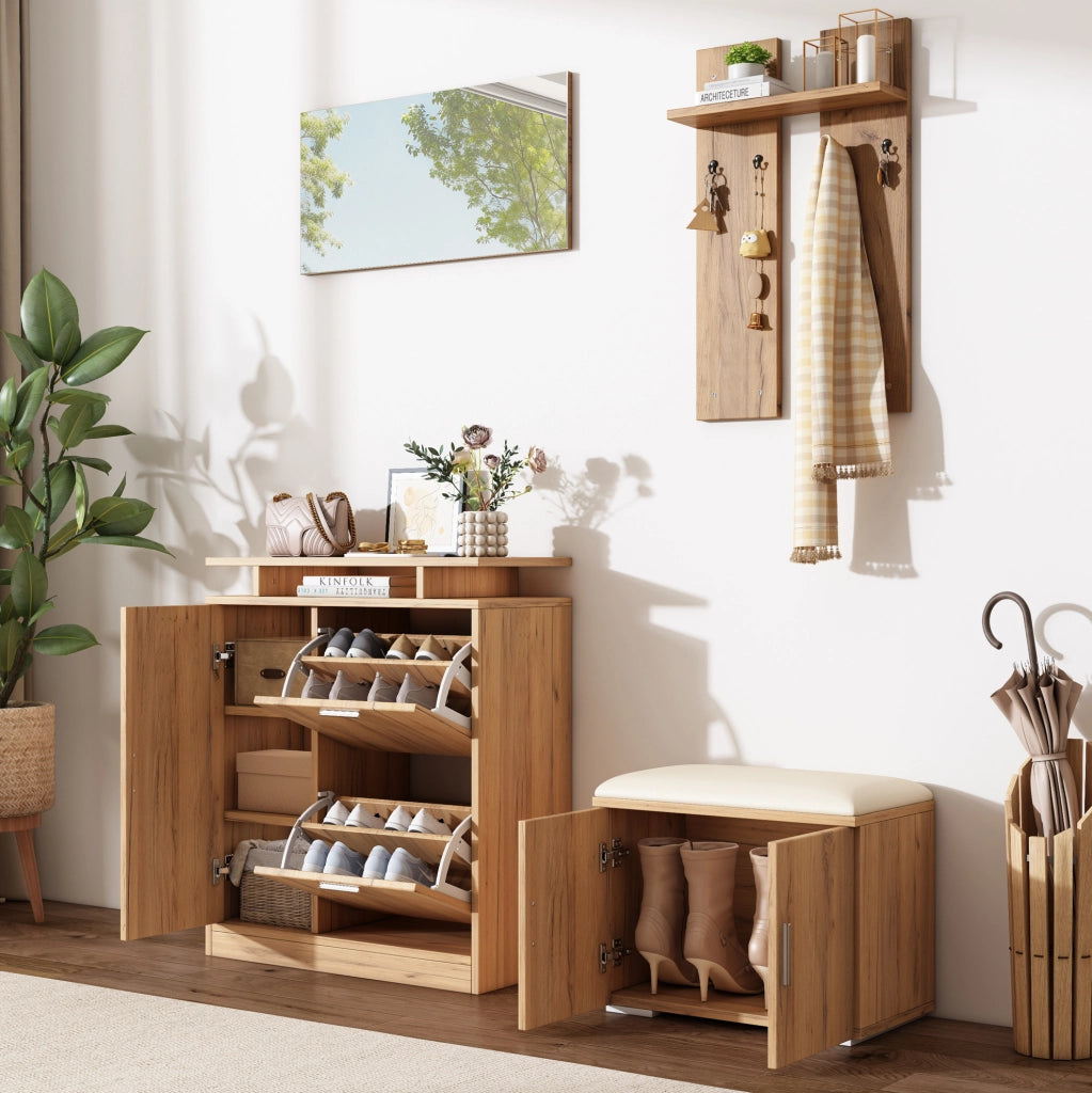 Set guardaroba per ingresso con panca porta scarpe, specchio, 5 ante, 4 ganci, finitura naturale, 140x35x133 cm