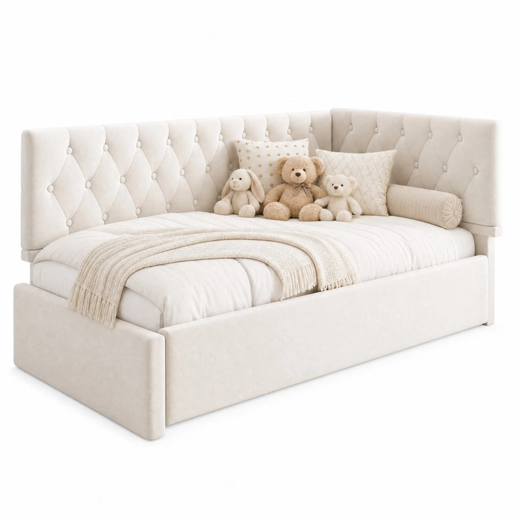 Letto 90x190 cm con contenitore idraulico in velluto beige e testiera reversibile