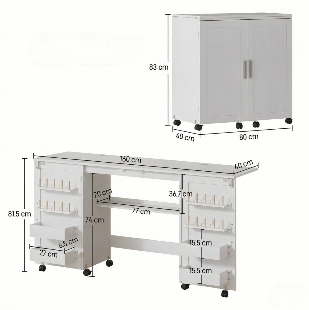 Tavolo da cucito pieghevole bianco con ruote, 2 ante magnetiche, 4 contenitori e 20 ganci, tavolo multifunzione 160x40 cm