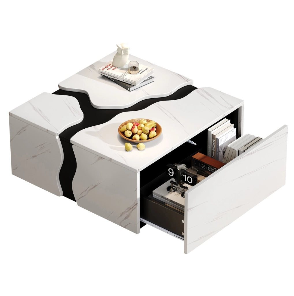 Tavolino da salotto 70x70x31 cm con cassetto in truciolare bianco effetto marmo HOMVRA