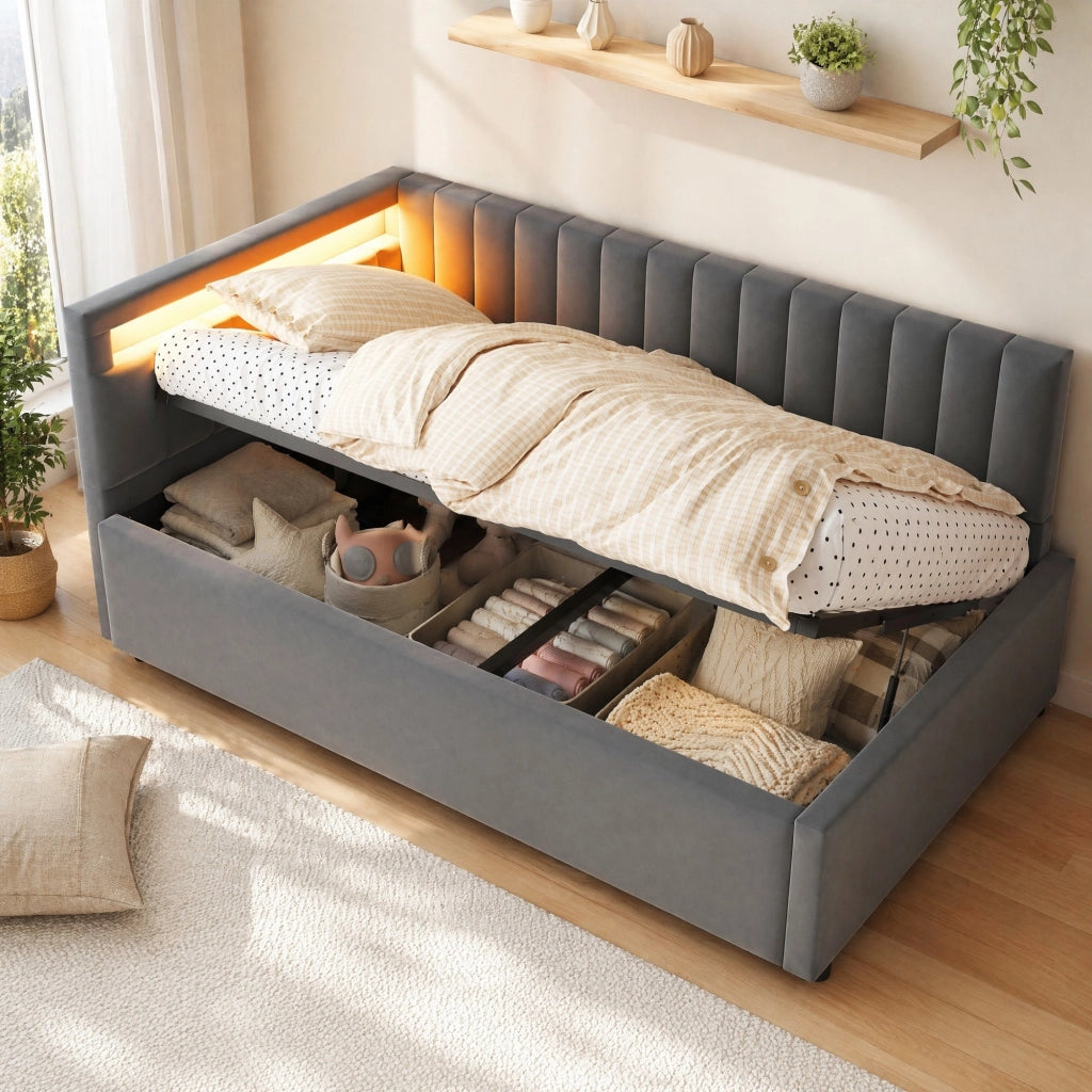 LETTO Divano imbottito 90x200 cm in velluto grigio con LED e contenitore