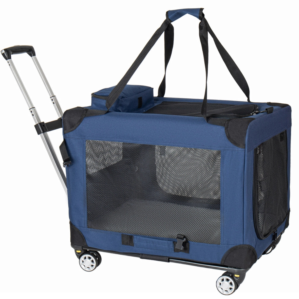 Trasportino pieghevole con ruote per cani fino a 18 kg; 3 porte in rete; blu scuro