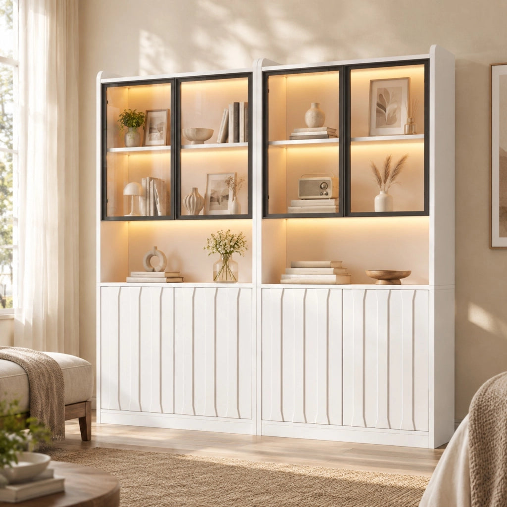 Vetrina con LED Bluetooth a 2 elementi; 8 ante di cui 4 in vetro temprato; bianca; 160 × 35 × 200 cm