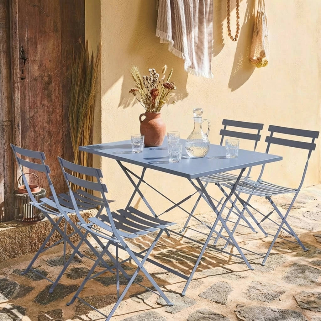 Set tavolo da giardino pieghevole in acciaio con 4 sedie, 110cm, blu