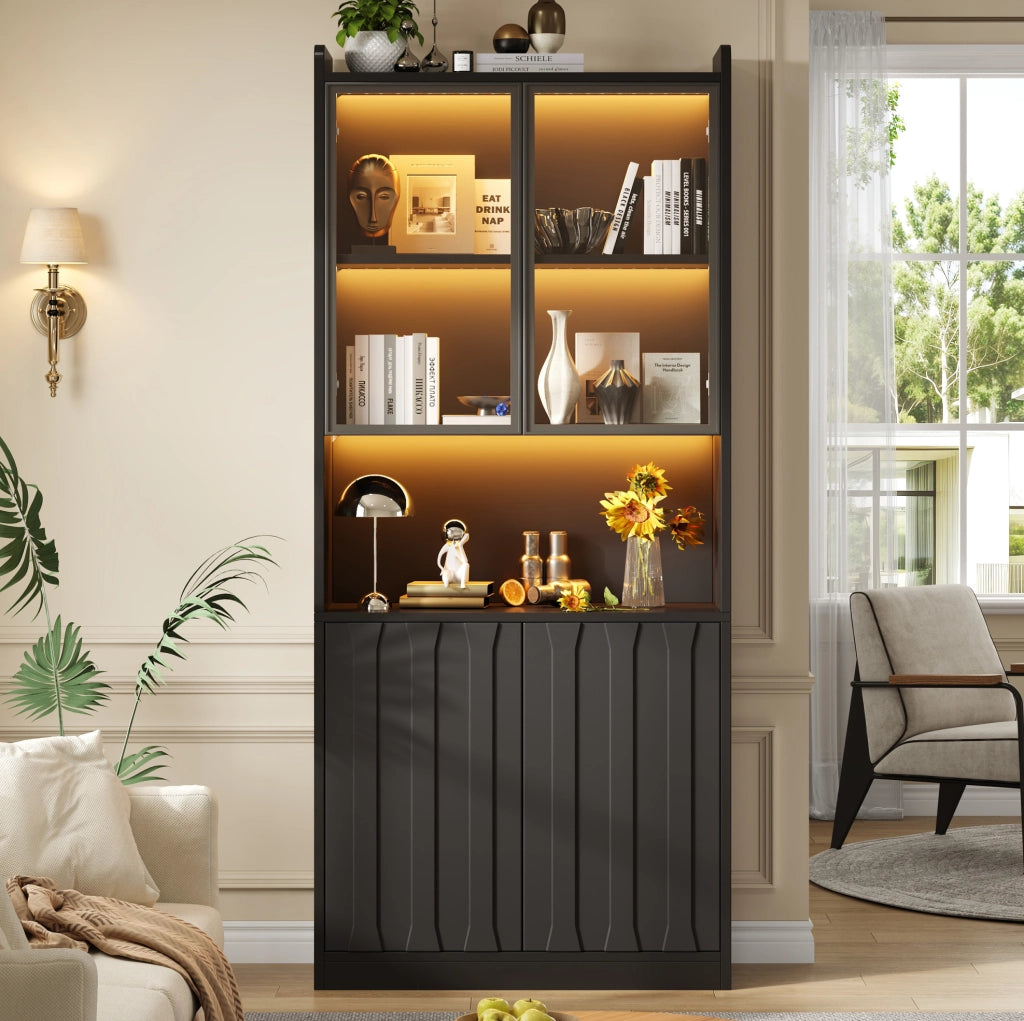 Vetrina alta 80x35x200 cm in truciolato e vetro temperato nero con LED -