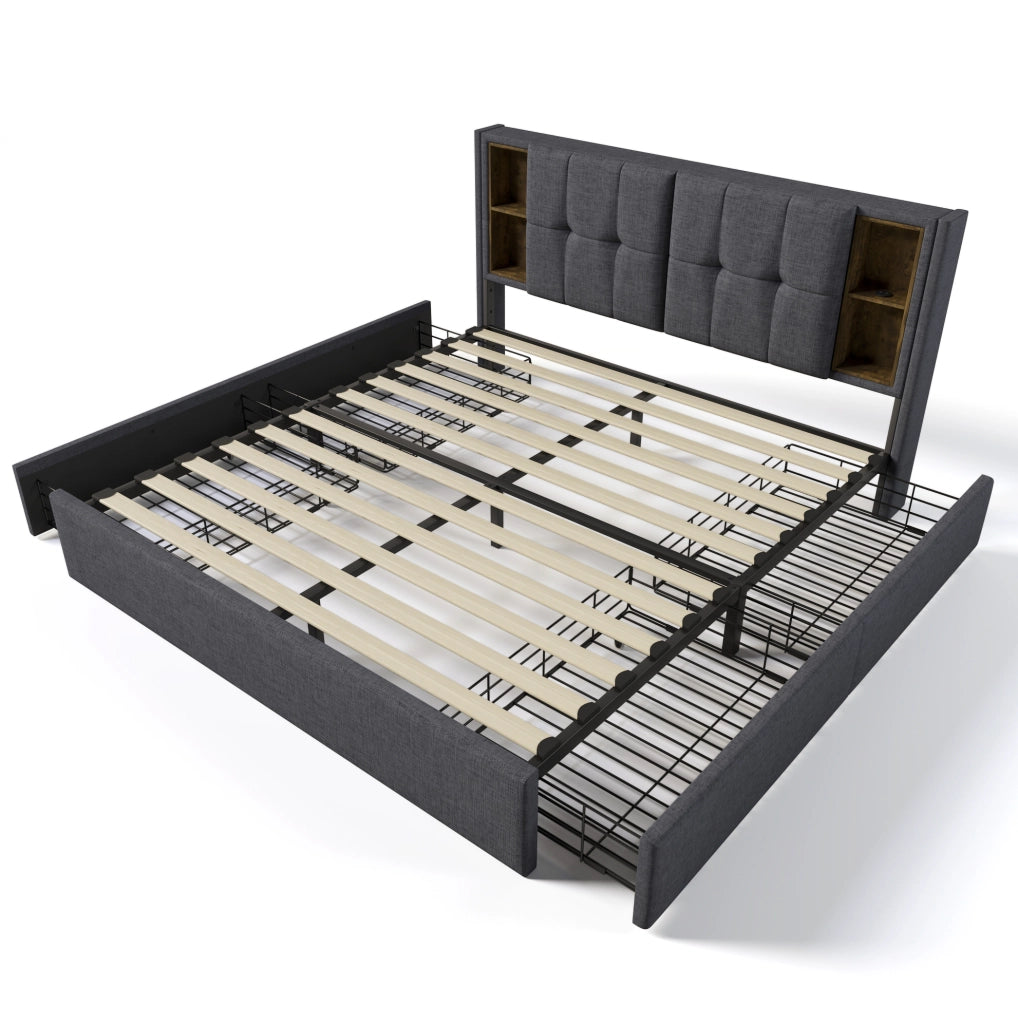 Letto imbottito 160x200 cm con ricarica wireless, USB, USB-C e 4 cassetti in lino grigio