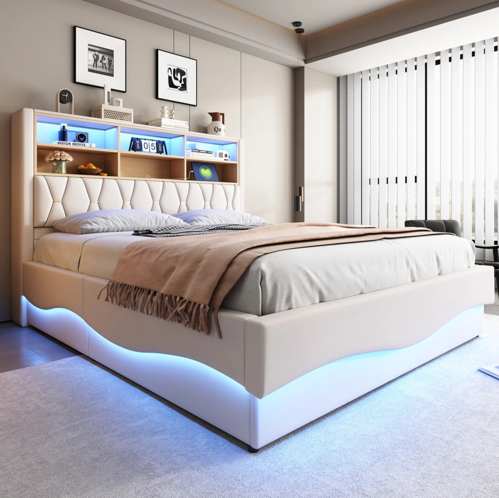 Letto imbottito 180x200 cm con contenitore idraulico, LED e USB in lino beige