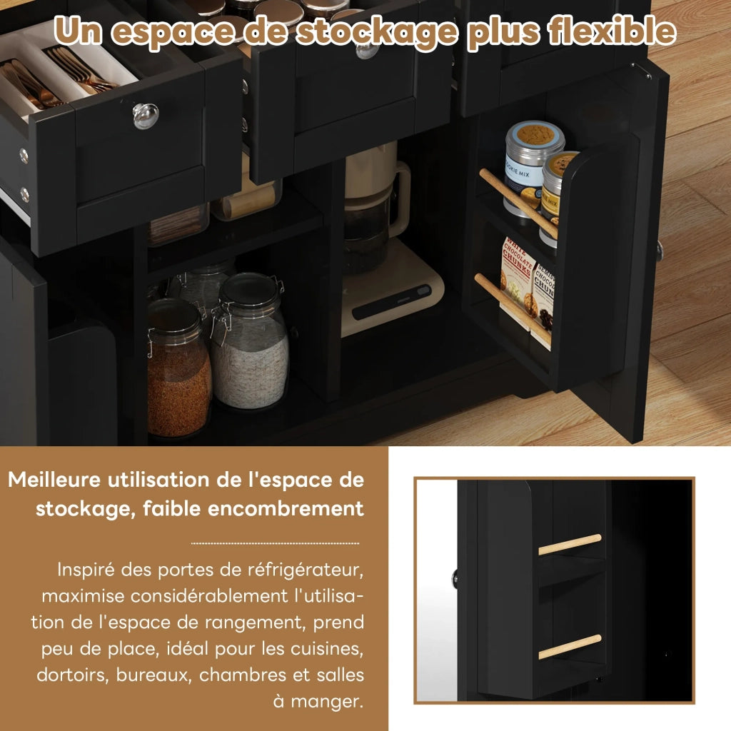 Tavolo da cucina mobile 132 cm, stile country, piano pieghevole, mobile multifunzione con cassetto, portaspezie, porta asciugamani, 4 ruote, presa integrata