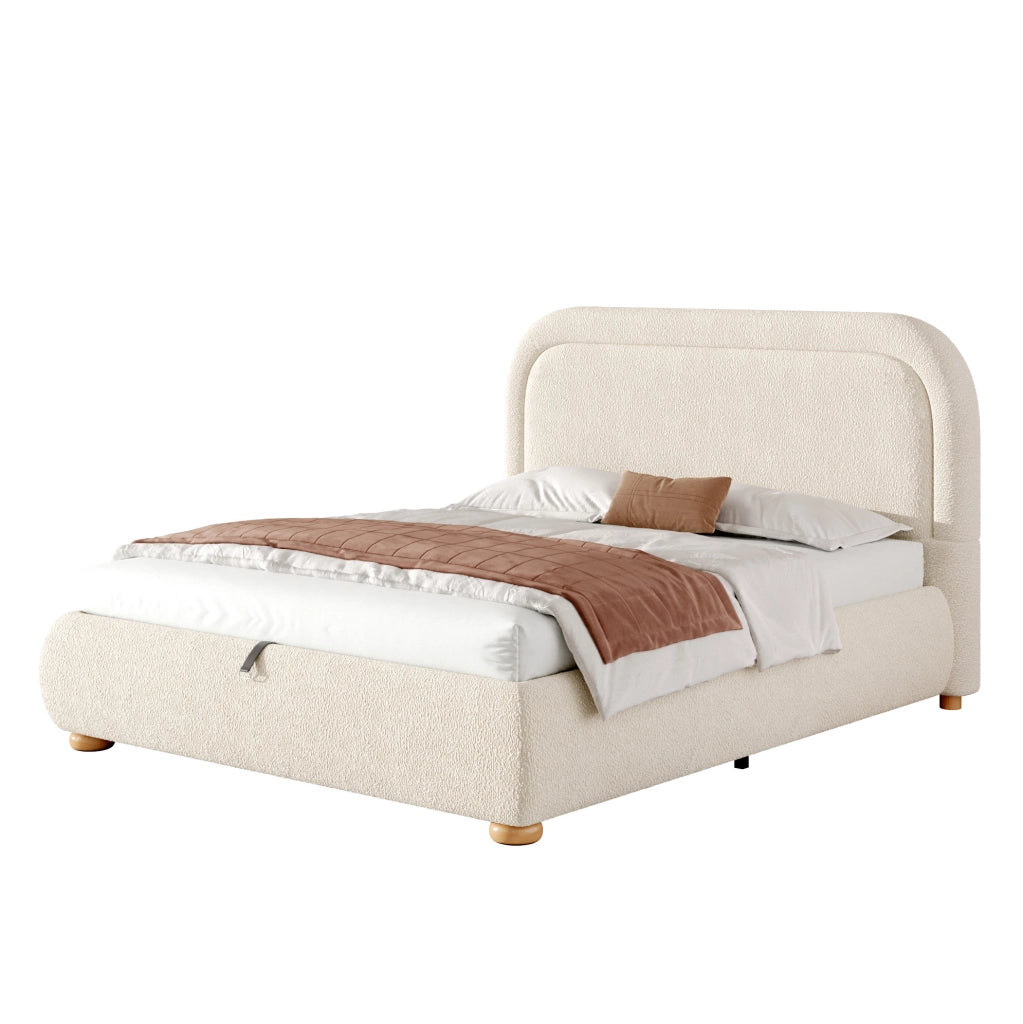 Letto matrimoniale contenitore 140x200 cm in bouclé beige con rete a doghe HOMVRA