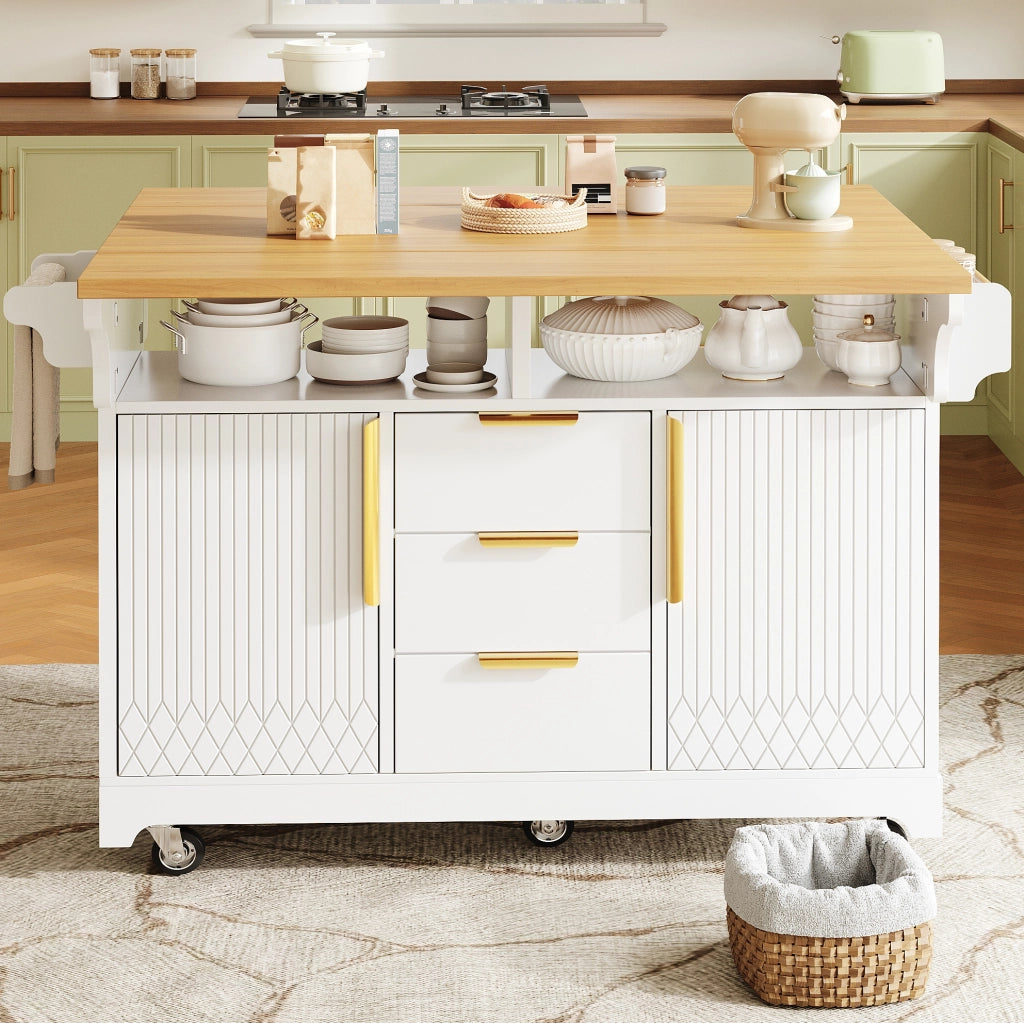 Isola da cucina su ruote con piani ribaltabili; 3 cassetti; MDF bianco; 120-197 x 95 cm