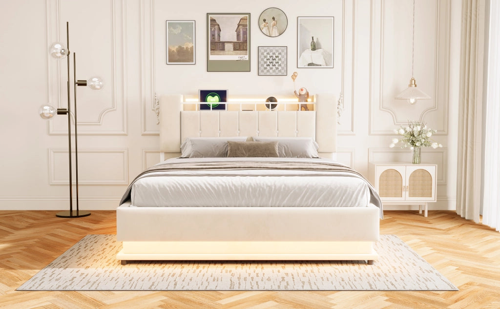 Letto imbottito 160 ¡Á 200 cm con LED USB contenitore idraulico in velluto beige rete a doghe in metallo