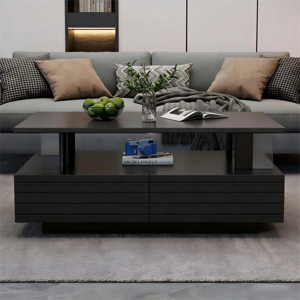 Tavolino da caffè LED 100x50x42 cm con 2 cassetti e ripiano aperto; controllo tramite app; acrilico nero