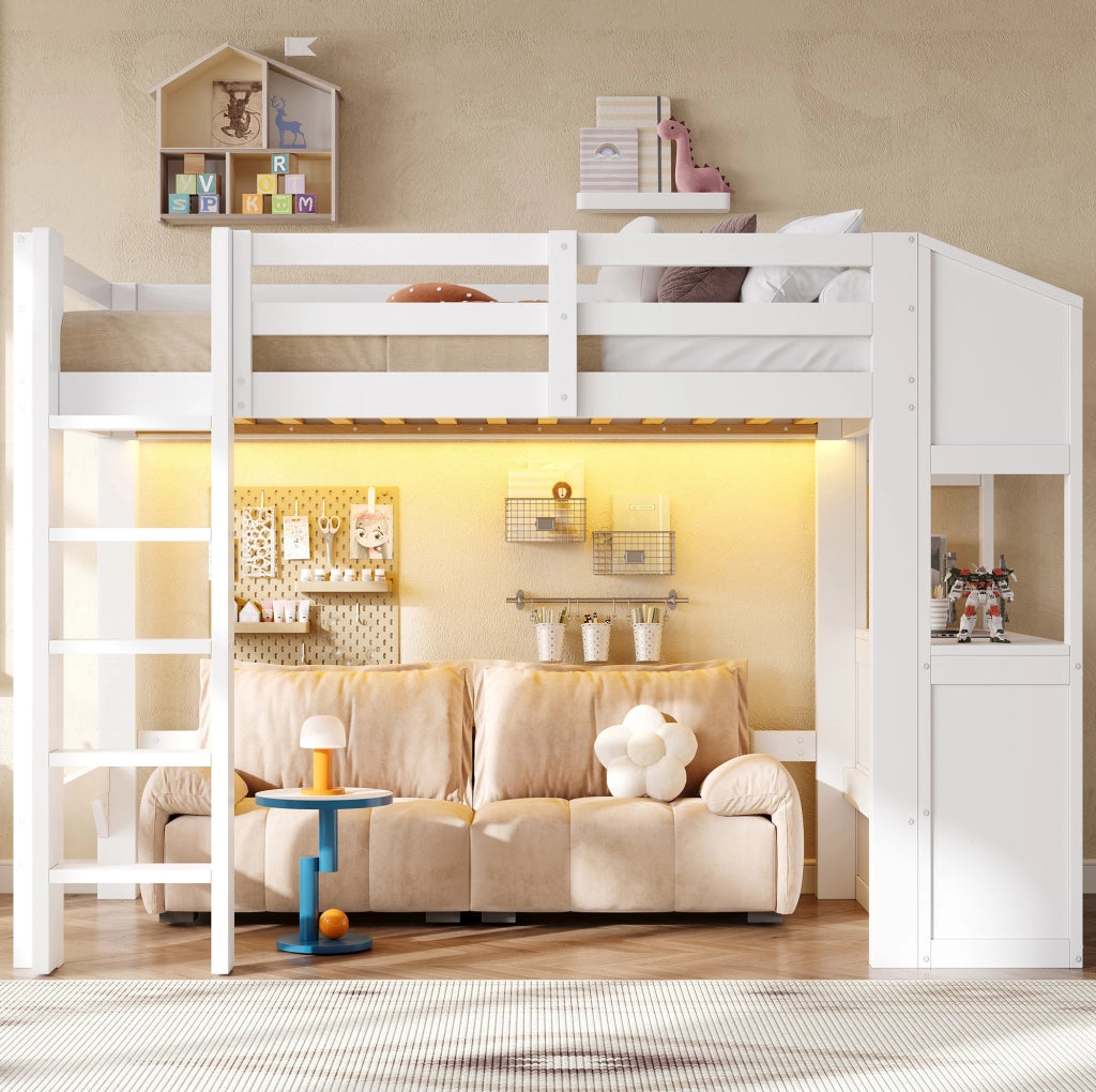 Letto a soppalco 90x200 cm bianco con 6 cassetti, scaffali e illuminazione LED