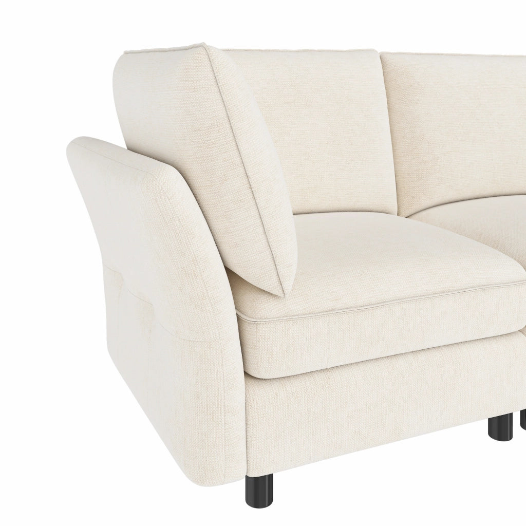 Divano modulare angolare 4 posti in ciniglia beige con pouf contenitore e 2 cuscini