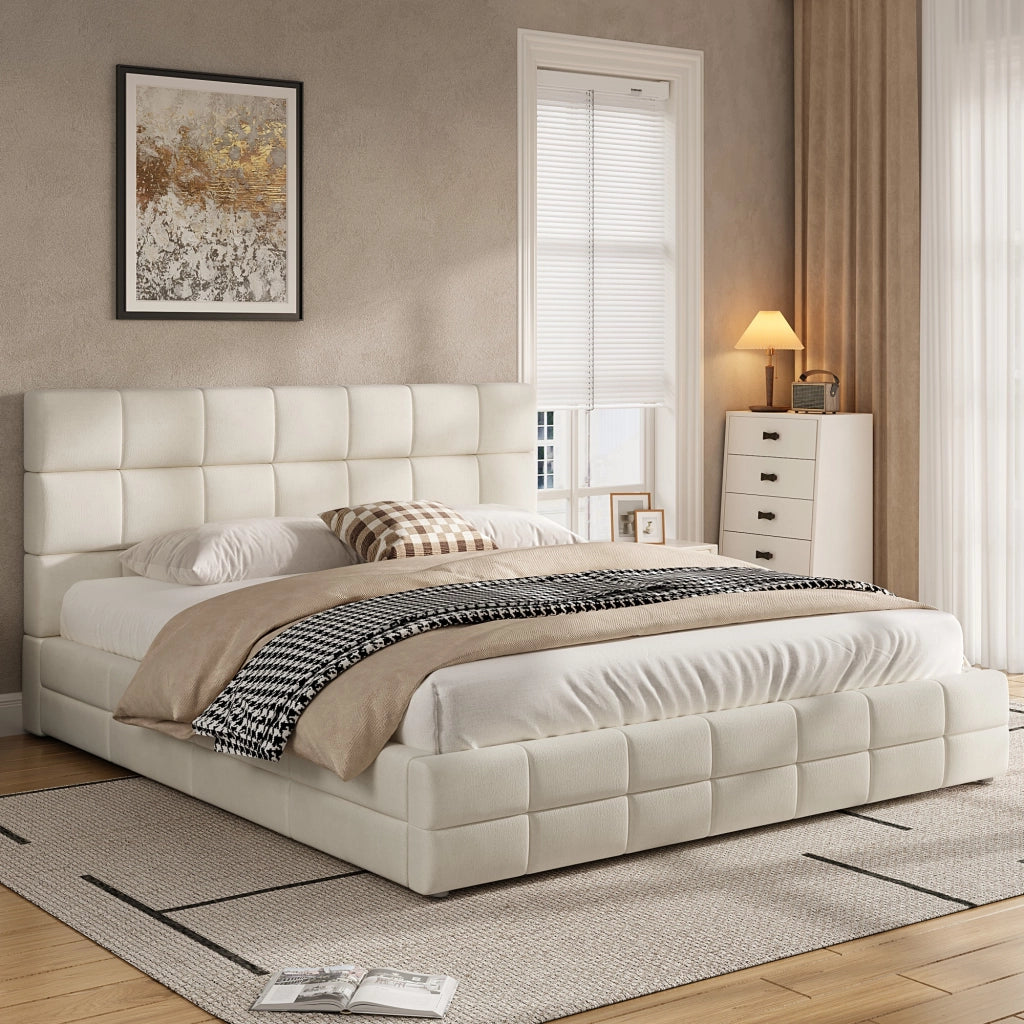 Letto imbottito 180 × 200 cm con testiera imbottita rivestito in velluto beige rete a doghe inclusa