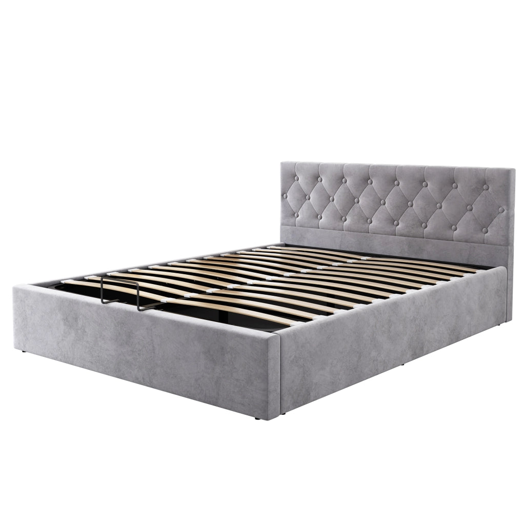 Letto matrimoniale 140x200 cm in velluto grigio con testiera capitonné e contenitore idraulico