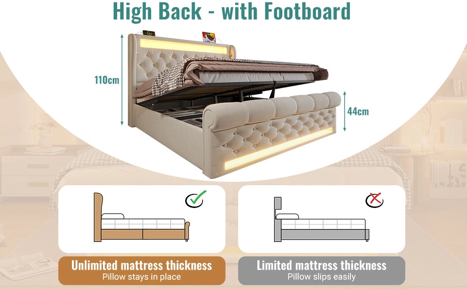 Letto imbottito matrimoniale beige 140x190 cm con LED, porta USB e Type-C, contenitore idraulico in velluto senza materasso