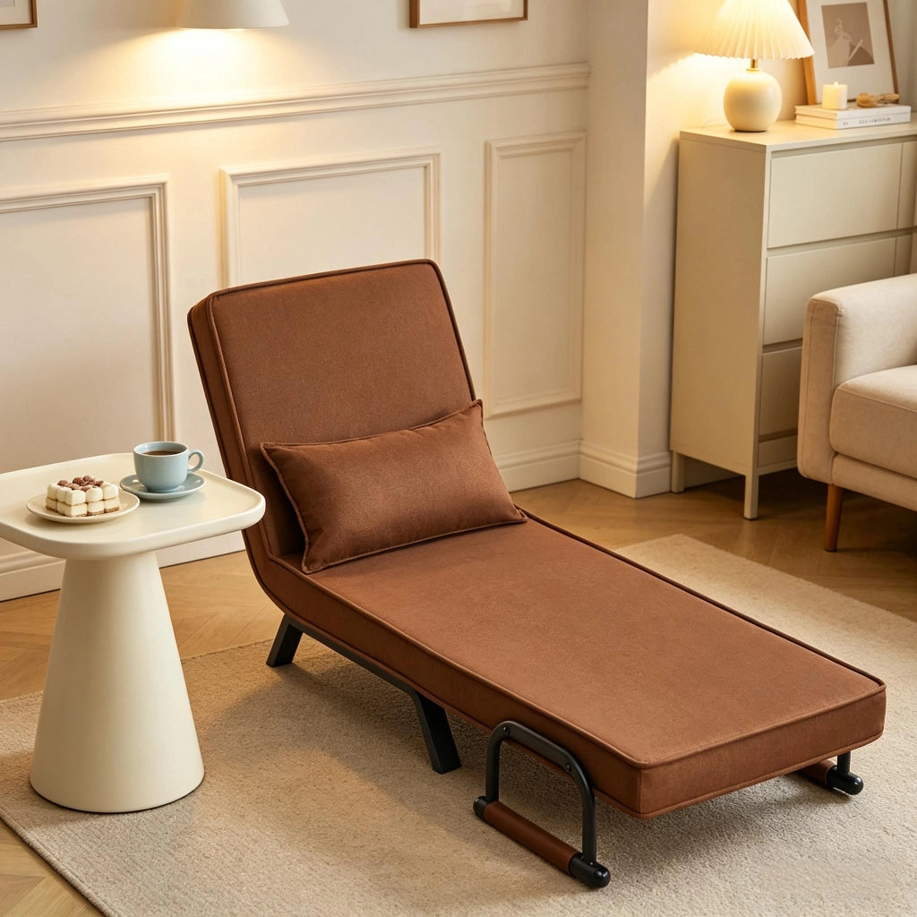Poltrona letto 3 in 1 con schienale regolabile a 5 posizioni rivestita in lino marrone 184 × 26 × 65 cm