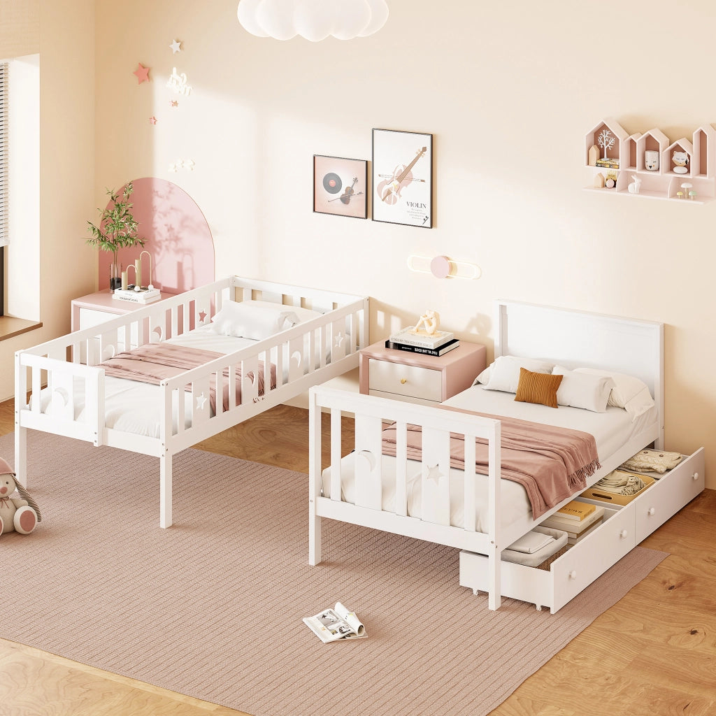 Letto a castello per bambini 90 × 200 cm in legno bianco con scala contenitore due cassetti e doghe