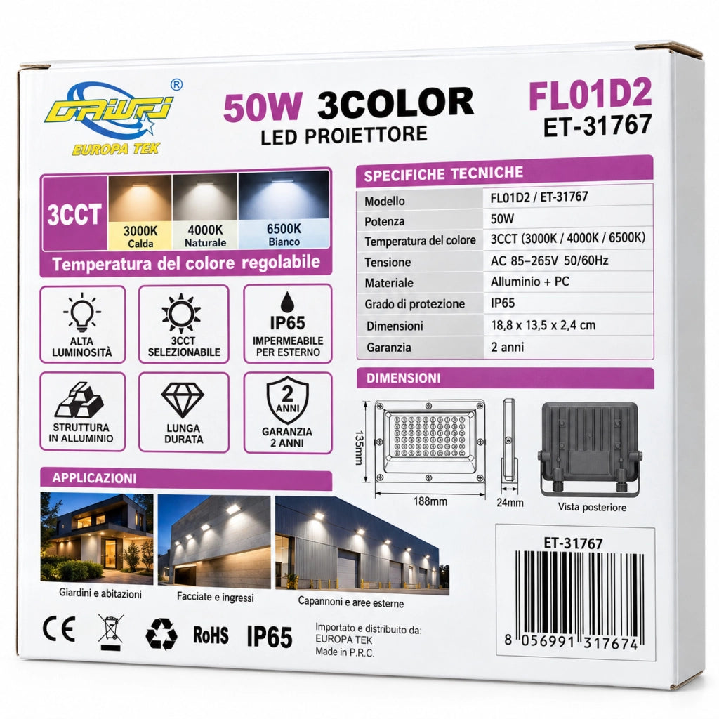 FARO LED 50W ESTERNO IP65 FARETTO GIARDINO 3CCT 3000K 4000K 6500K LUCE ET-31767