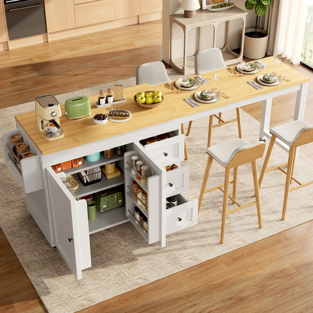 Isola cucina estensibile con 3 cassetti; ripiani laterali snack e ruote; per cucina e sala da pranzo; 116 × 45 × 89 cm