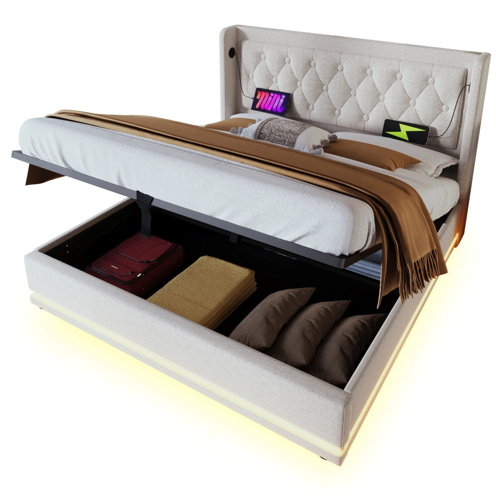 OKWISH Letto Contenitore 140×200 cm, Letto Matrimoniale con USB, Tipo C e LED Regolabile, senza Materasso, in Cotone, Beige