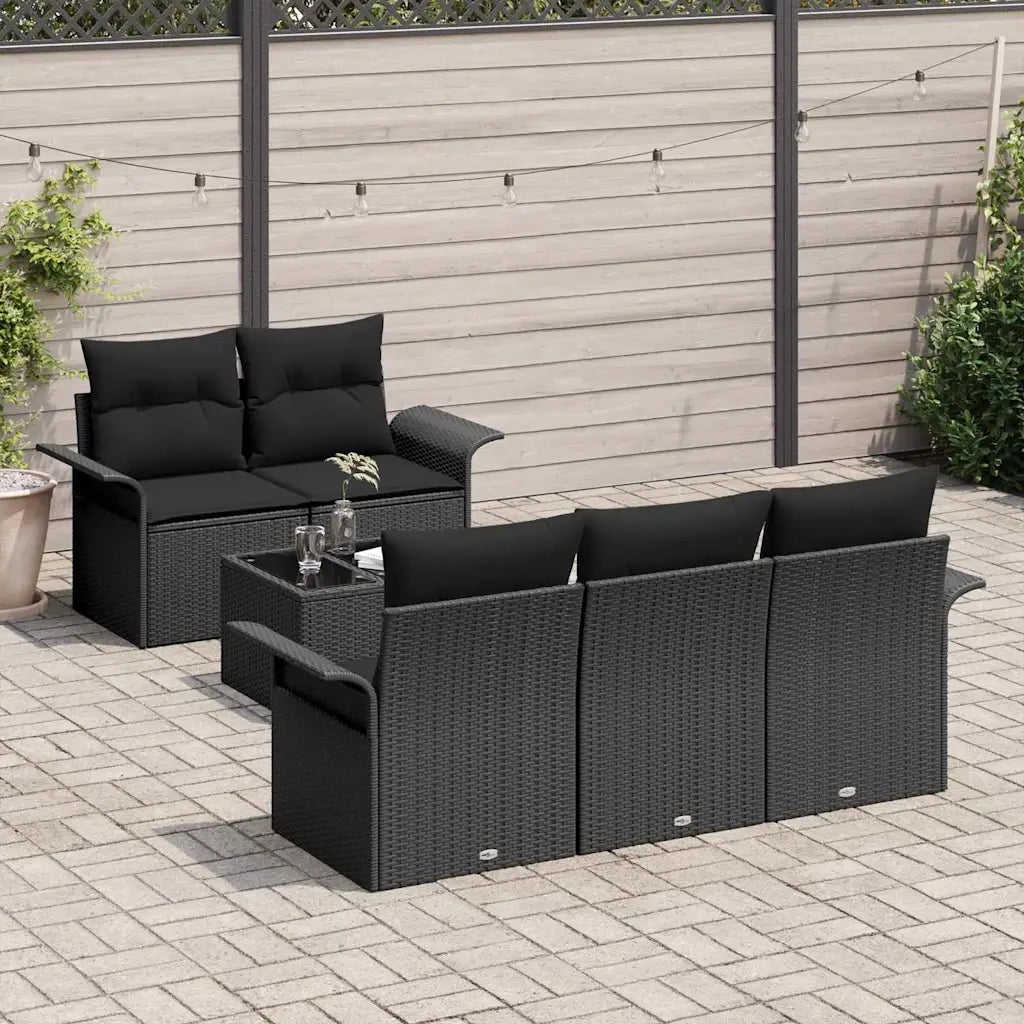 Set Divano da Giardino 6 pcs Nero Polyrattan, Acciaio e Vetro