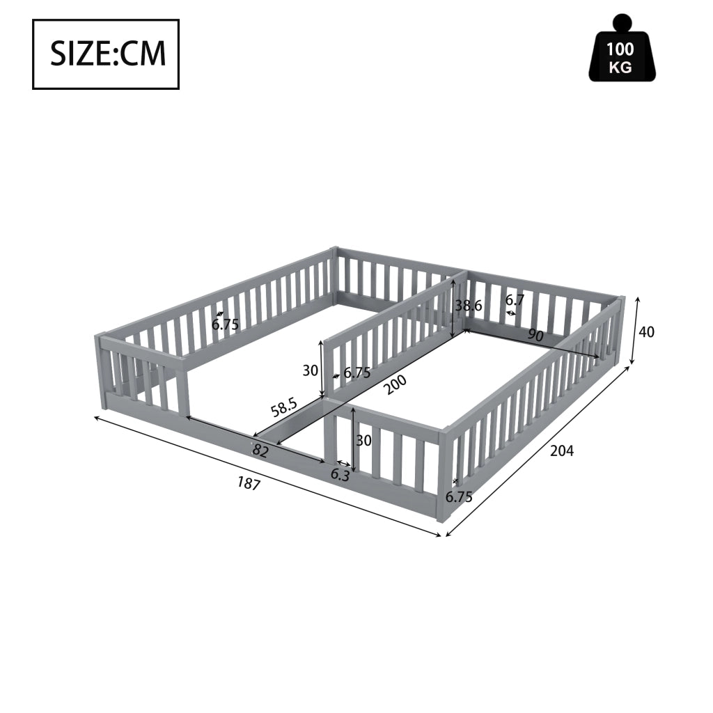 Letto a pavimento per bambini con due superfici 90 × 200 cm; barriera di protezione; legno e MDF grigio