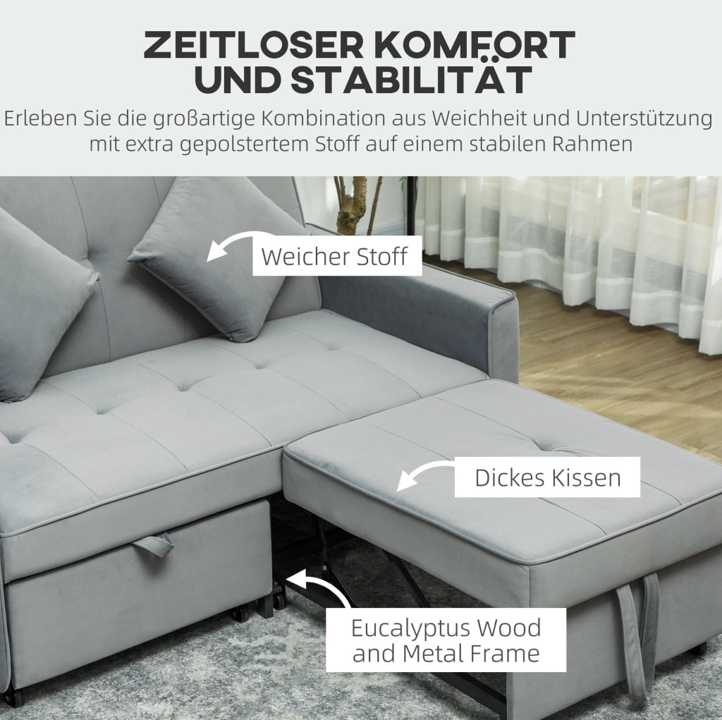 Divano Letto 2 Posti con Funzione Relax, Rivestimento in Velluto Grigio, Schienale Regolabile e Contenitore, Lavorazione con Ruote per Soggiorno o Camera Ospiti