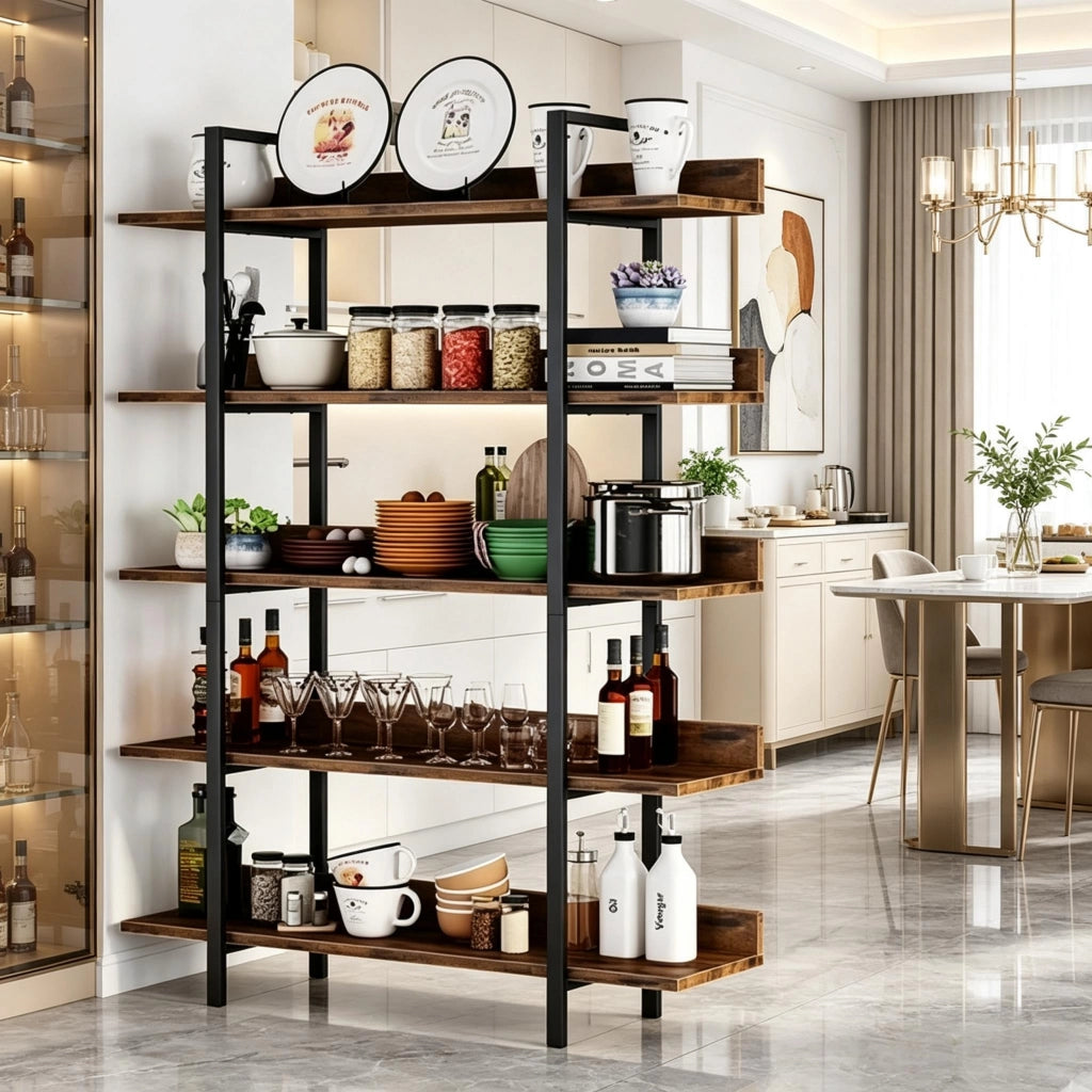 Libreria a 5 ripiani con struttura in metallo e pannelli in legno nero e marrone rustico 105 × 33 × 180 cm