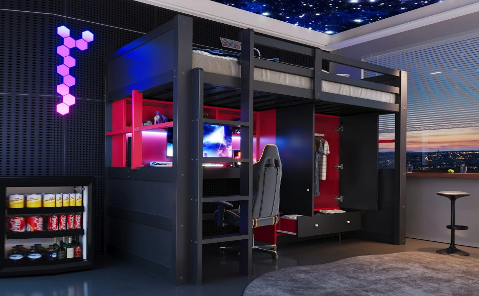 Letto a soppalco 90x200 cm gaming nero e rosso con scrivania; armadio e cassetti