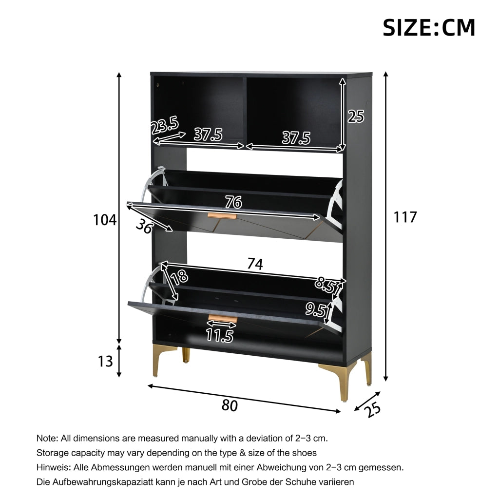Scarpiera con 2 ante a ribalta, 4 vani per scarpe e 2 ripiani semiaperti, MDF nero, per ingresso, 80 × 25 × 117 cm