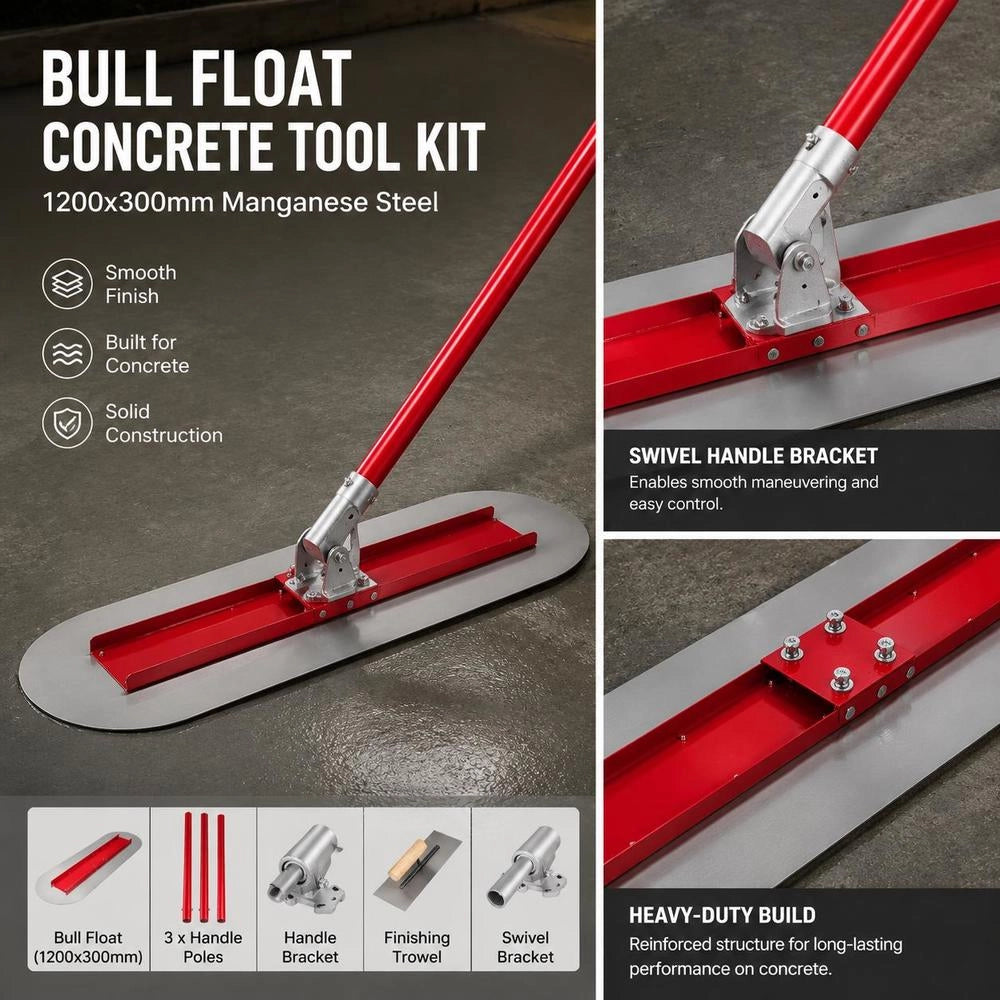 Bull Float Concrete Float 1200x300 Mm, Complete Concrete Tool Trowel Set, Handle Length 3 X 1.8 M, Smoothing Trowel, Steel, Adjustable Bottom, Construction Aid