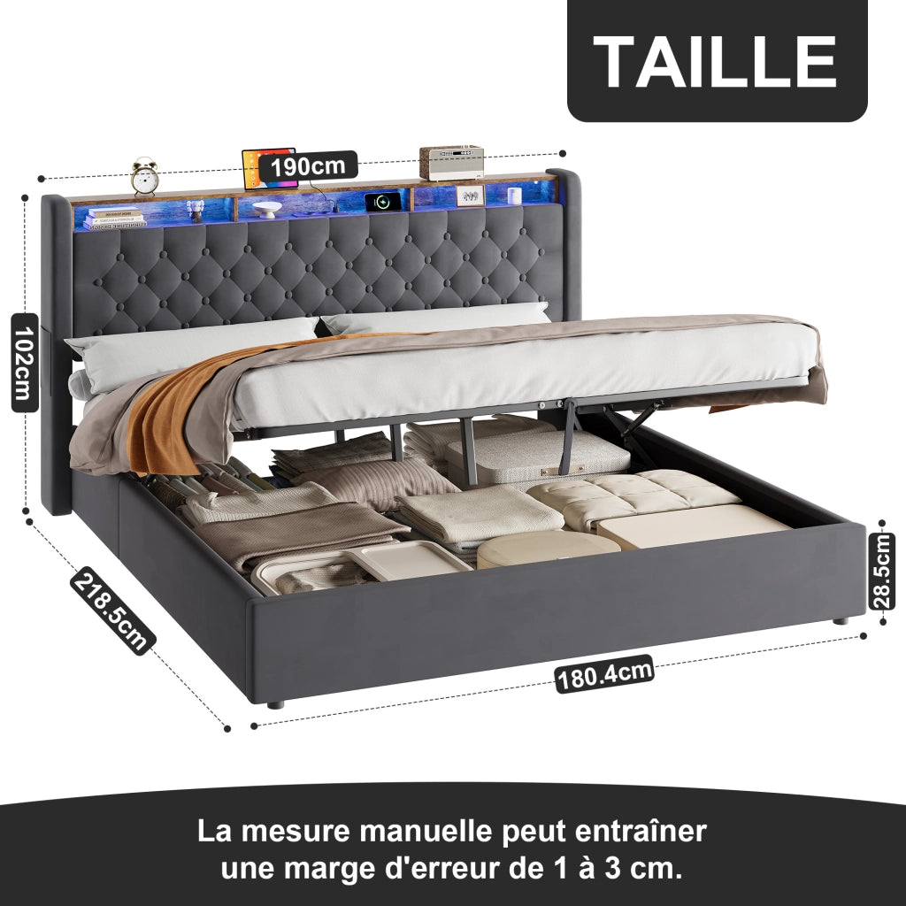 Letto contenitore matrimoniale 180x200 cm;LED;vano contenitore;presa elettrica;testiera reclinabile;base imbottita;grigio scuro;materasso escluso