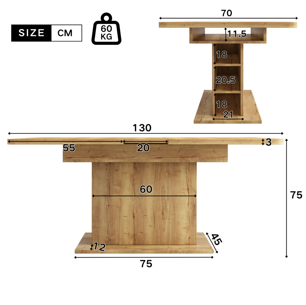 Tavolo da pranzo allungabile in pannelli truciolari e metallo, 110/130x70x75 cm, con spazio contenitivo, design rettangolare moderno color naturale
